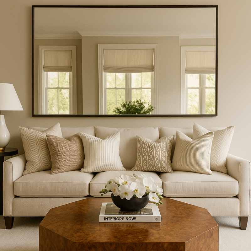 Decorative Throw Pillow Beige with White Geometric Embroidery