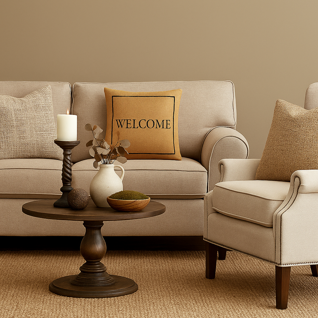 Rustic Welcome Cushion Cover Jute Brown & Navy
